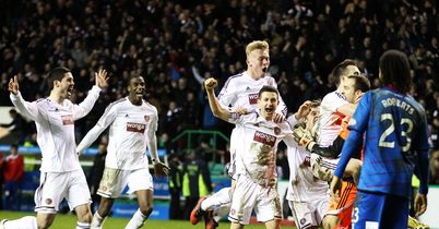 Hearts: Celebrate after Phillip Roberts missed his penalty